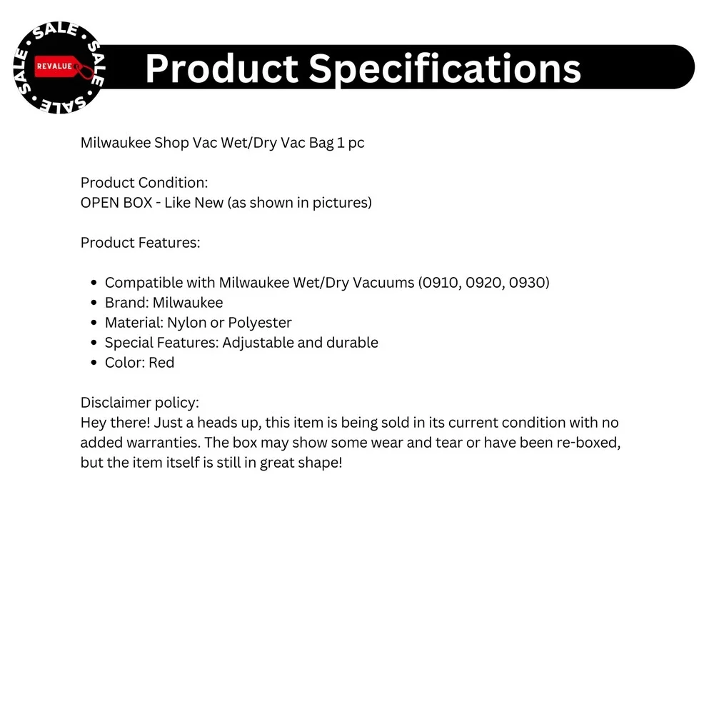 Milwaukee Adjustable Shop‎ Vac Wet/Dry Vacuums (0910, 0920, 0930) Bag 1 pc Red
